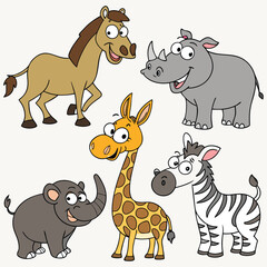 Obraz premium A collection of cartoon animals, including a horse, rhinoceros, armadillo, yak, giraffe, donkey, deer, fox, elephant, and zebra Illustration vector design