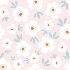 seamless pattern of delicate white and light pink flowers with subtle brown centers, interspersed with soft blue-green leaves on gentle pink background