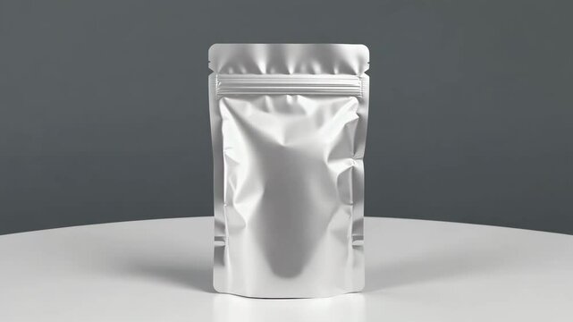 Reflective silver mylar bag with zip lock on white surface, gray backdrop