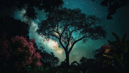 Majestic tree under a starry night sky in a lush forest