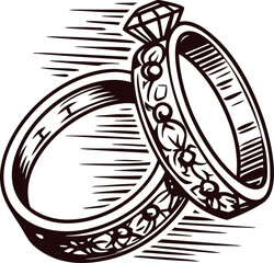 Hand drawn vintage wedding rings with diamond and engraved floral design, classic black and white sketch illustration