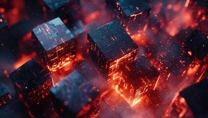 Abstract digital cubes in fiery environment