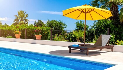 Idyllic poolside tranquility with sunshade and deckchair on a summer day