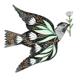 Bird of paradise.
Pen and ink drawing on white background. Silhouette of bird and flowers.