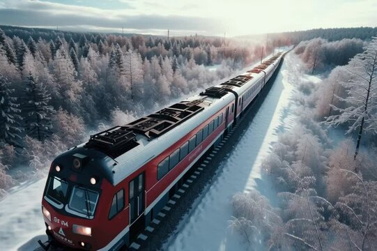 Zug f&auml;hrt durch verschneite Winterlandschaft