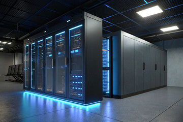 A modern server room features a sleek, dark server rack illuminated by cool LED lights