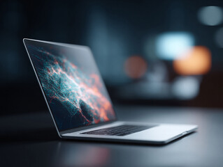 Sleek laptop displaying abstract data visualization. Represents innovation, technology, connectivity, and future concepts. Ideal for digital marketing, web design, and presentations.