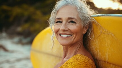 The image features a smiling senior woman with grey hair, enjoying her time at the beach. She is leaning against a yellow surfboard, which suggests a sense of fun and adventure.