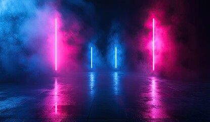 Neon lights stage with smoky atmosphere