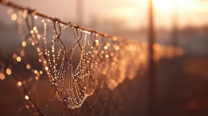 Close-up of dew-dropped spiderweb glistening in morning light