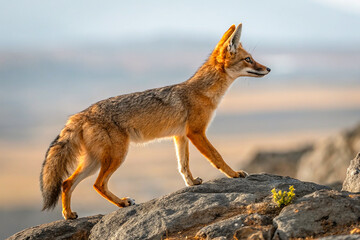 Obraz premium A slender, brown fox stands on a rocky outcrop with the wind rustling through its fur