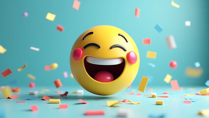 Happy joke day, a classic 3d emoji with joyful closed eyes and blushing cheeks is showered with dynamic confetti, embodying pure happiness
