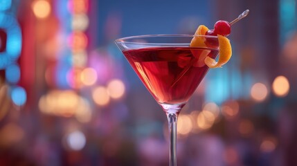 Cosmopolitan with cranberry splash and twist of orange peel on a softly blurred neon city club background