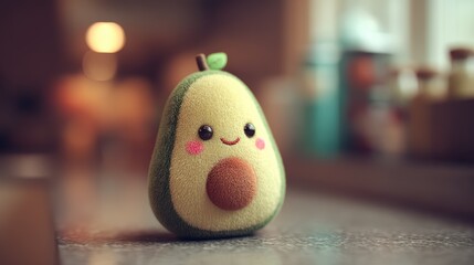 Soft plush avocado with embroidered pit and rosy cheeks on a softly blurred kitchen counter backdrop under warm lighting