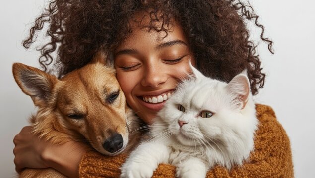 Woman embracing dogs and a cat