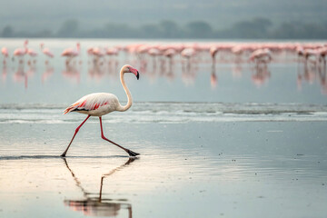 Obraz premium A solitary flamingo wades through shallow water in a serene