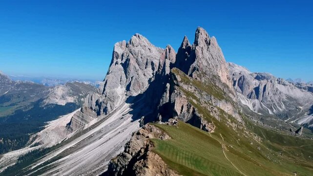 Aerial Drone View of Seceda Mountain, Italian Alps