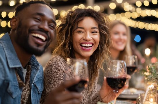 Close-up of a group toasting with wine glasses at a dining table, diverse people celebrating in a restaurant - Powered by Adobe