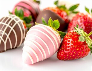 Fresh Strawberries Dipped in Smooth Chocolate on White Background, Delicious and Indulgent Dessert