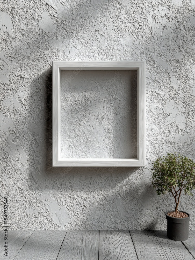 Poster minimalist empty white square frame mounted on textured gray wall with small potted plant on wooden 