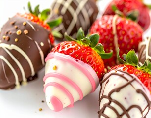 Fresh Strawberries Dipped in Smooth Chocolate on White Background, Delicious and Indulgent Dessert