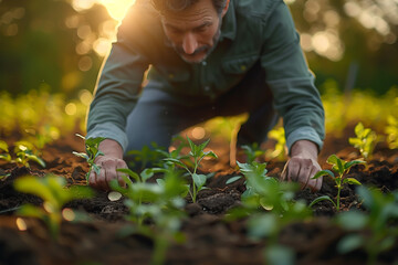 Naklejka premium Man planting golden coins in soil, with investment trees growing out, warm lighting