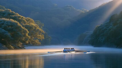 Aerial view of a rowing team gliding in perfect harmony on a mist-covered river at dawn. - Powered by Adobe