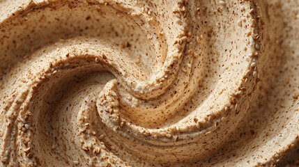 Close up view of a swirling tan colored food spread with small seeds and a smooth creamy texture swirl
