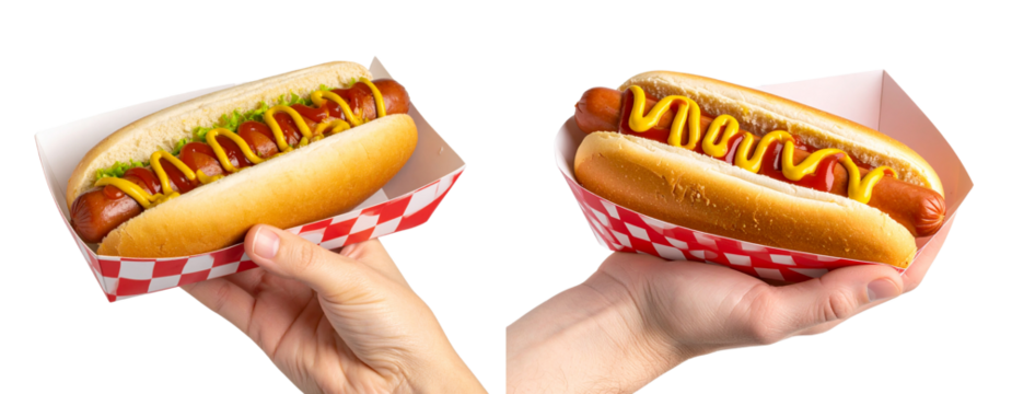  Hot Dog on a Paper Tray with Ketchup and Mustard Drizzle, Hand-Held Style isolated on transparent background PNG - Powered by Adobe