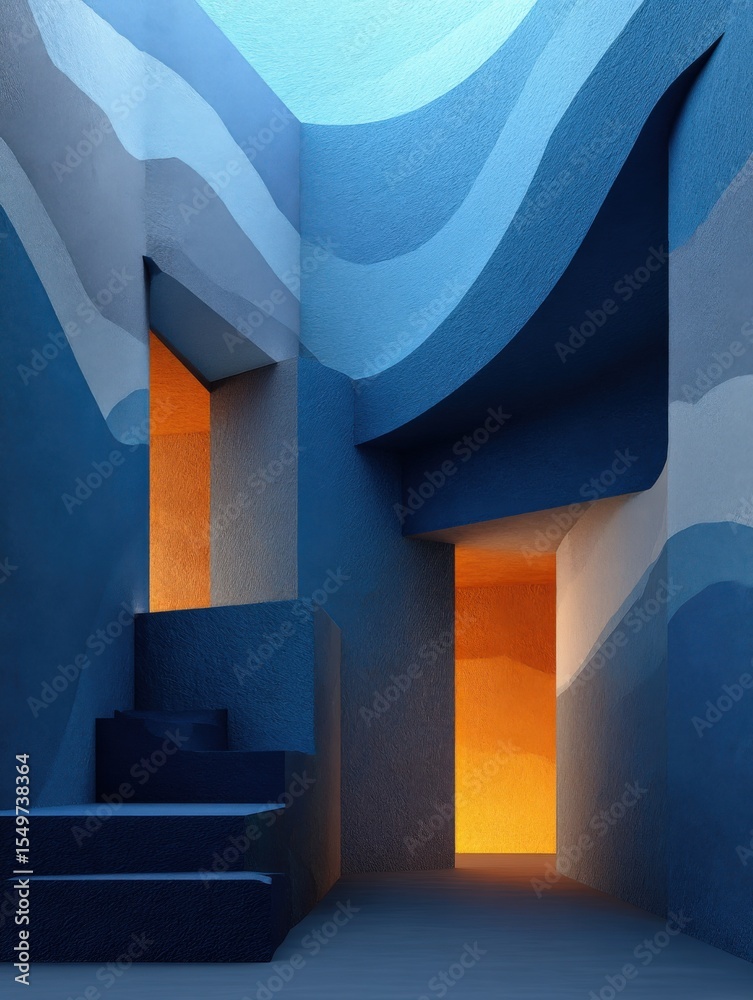 Poster modern abstract architectural interior with curved blue walls and warm orange lighting creating arti