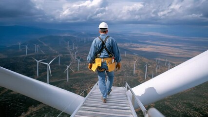 "Wind turbine technician ascends ladder for essential maintenance work." - Powered by Adobe