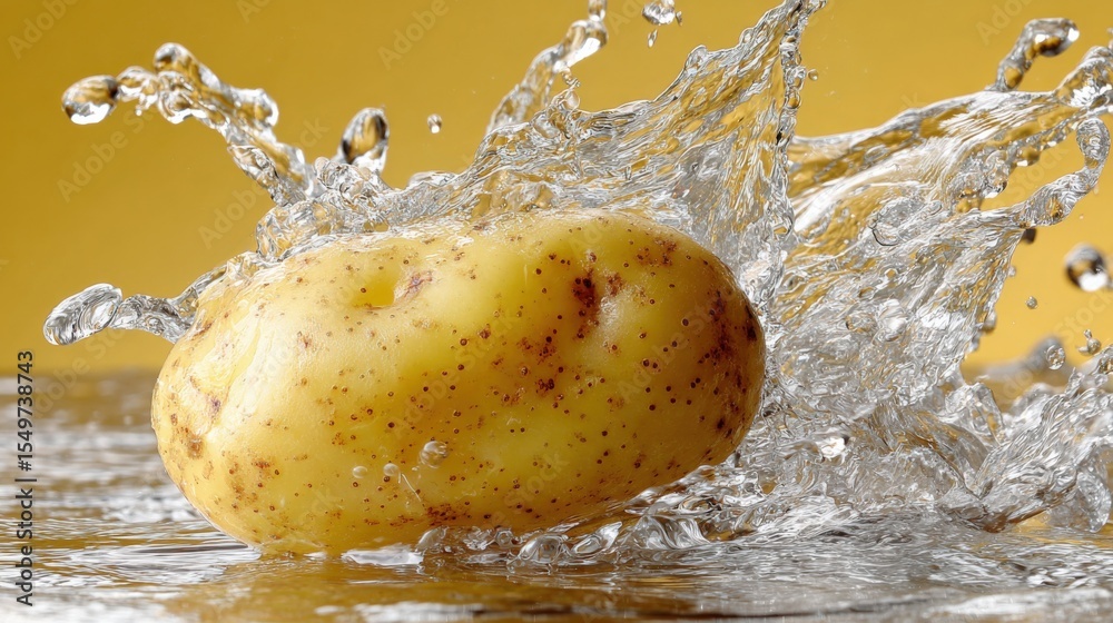 Poster Fresh Potato Falling into Water Creating Splash Close-Up with Dynamic Motion and Vibrant Colors
