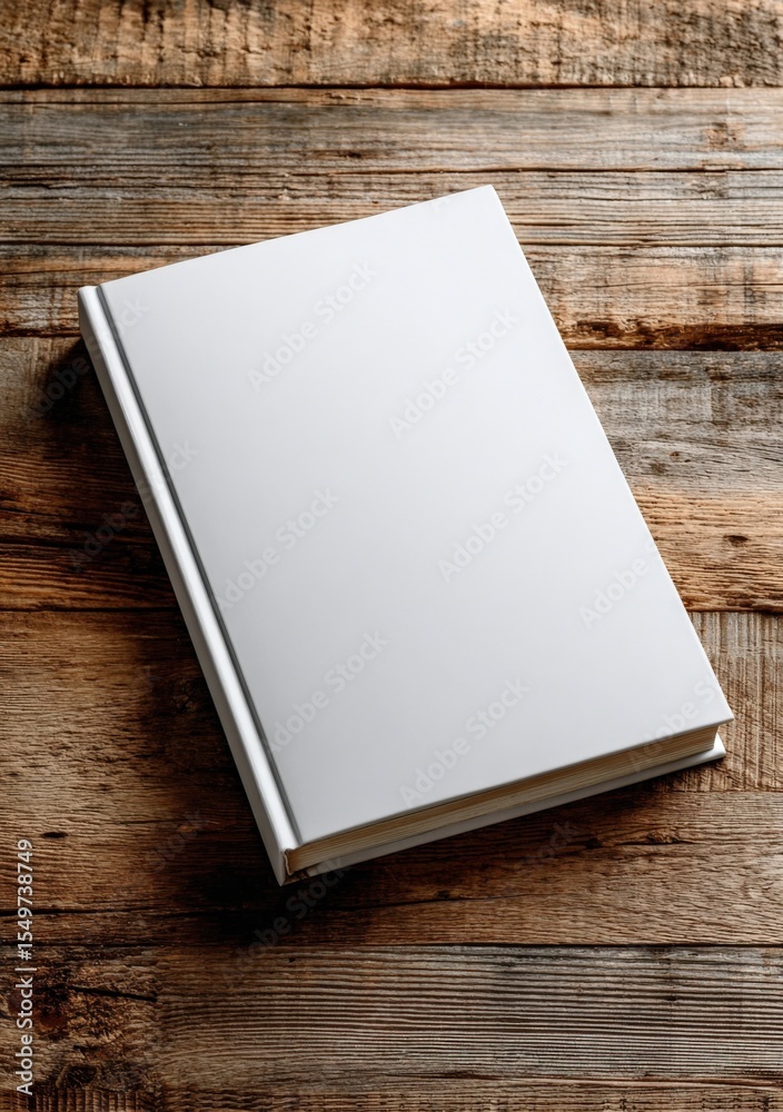 Poster blank notebook or journal with white cover and spiral binding placed on rustic wooden table for writ