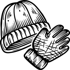 Hand drawn winter hat and glove sketch isolated on white background vintage knitted accessory illustration