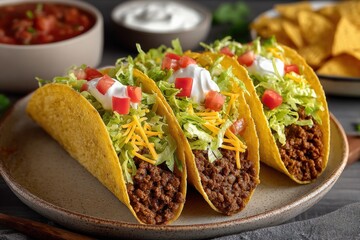 Three flavorful beef tacos in crispy corn taco s topped with fresh lettuce tomatoes shredded cheese and sour cream served with side of tortilla chips and salsa on grey ceramic plate