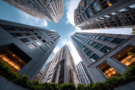 Modern high-rise office buildings with glass facades reaching skyward in an urban cityscape with greenery at street level and a cloudy sky overhead