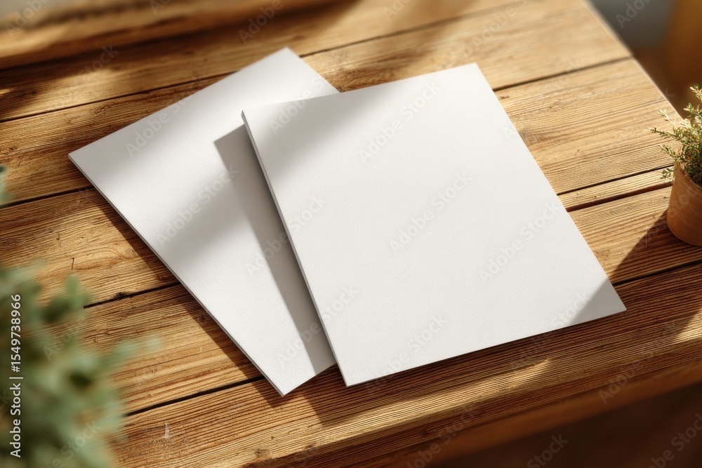 Poster two blank white sheets of paper on a wooden table with sunlight and plant for creative design or wri