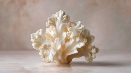 Creamy white cauliflower floret on a softly blurred cottage kitchen background under perfect lighting