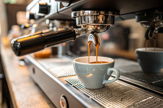 A close-up of an espresso machine in action, dispensing rich - Powered by Adobe