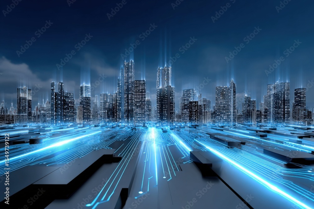 Poster futuristic cityscape with illuminated skyscrapers and glowing digital lines representing technology 