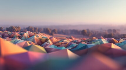Geometric low-poly landscape with triangular facets in pastel hues on a softly blurred horizon