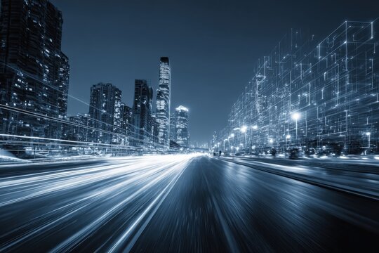 Futuristic cityscape at night with illuminated skyscrapers and light trails on busy roads depicting modern urban life and advanced technology