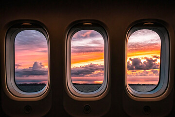 A minimalistic and moody view of three airplane windows framed against a dark background
