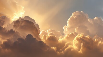 Dreamy cloudscape with golden sunbeams piercing through layered cumulus formations