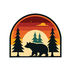 Bear and pine trees badge vector, sunset circle emblem, wilderness adventure, retro outdoor nature