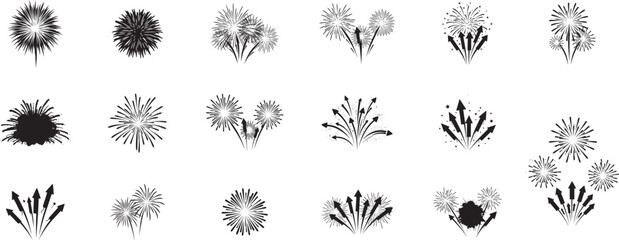 Fireworks vector illustration set black and white celebration party new year eve graphic design elements