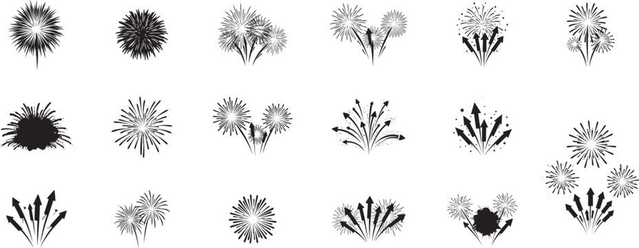 Fireworks vector illustration set black and white celebration party new year eve graphic design elements