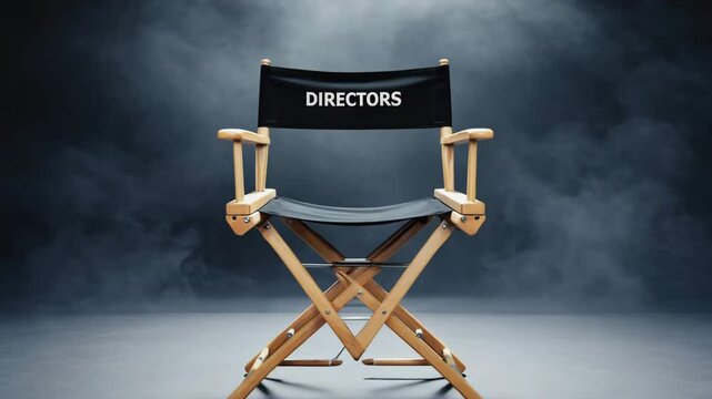 Directors chair with DIRECTORS canvas against smoky dark gray backdrop