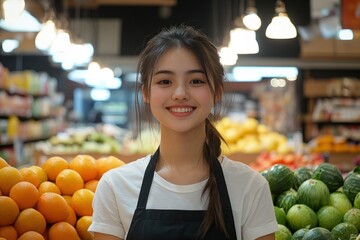 Smiling young woman in a grocery store