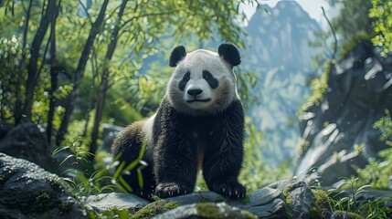 Obraz premium close up of a beautiful panda in the jungle, panda bear in nature